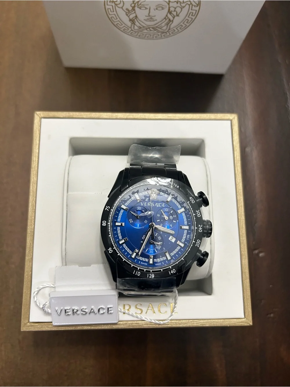 Versace Blue Dial Black  Black VE2I0045mm Tachymeter Date Box Papers